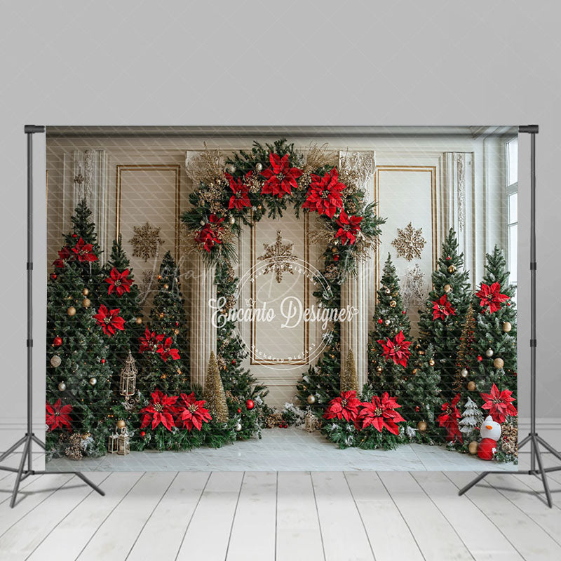 Lofaris White Gold Wall Poinsettia Trees Christmas Backdrop