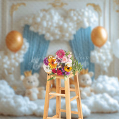 Lofaris White Golden Wall Bear Cloud Cake Smash Backdrop