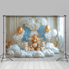 Lofaris White Golden Wall Bear Cloud Cake Smash Backdrop