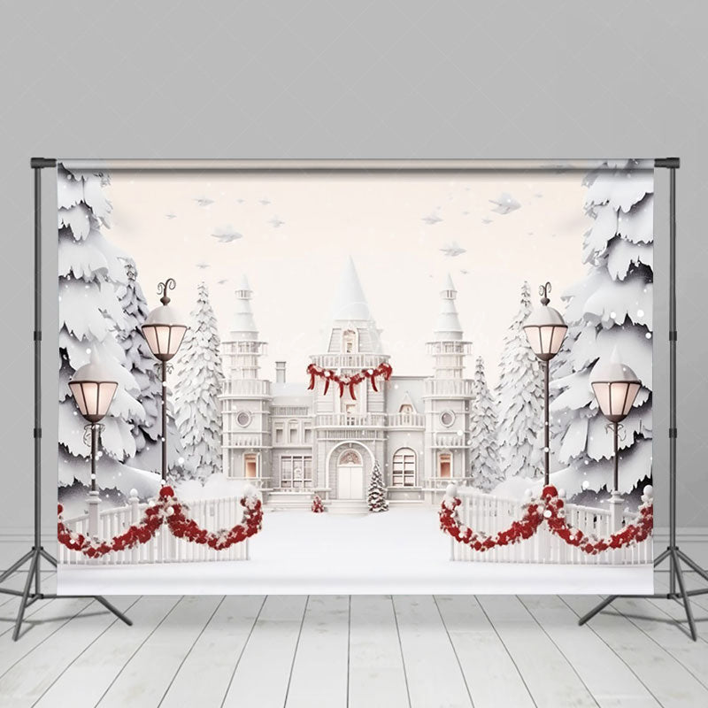 Lofaris White Luxury Castle Trees Snowy Christmas Backdrop