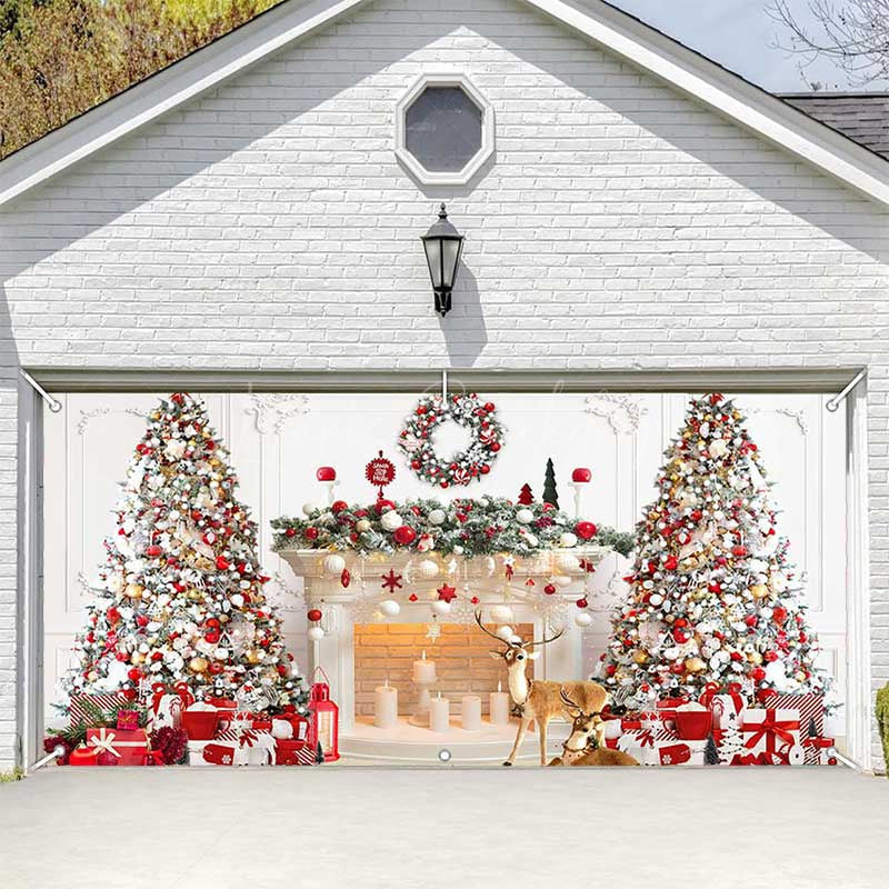 Lofaris White Luxury Fireplace Christmas Garage Door Banner