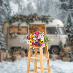 Lofaris White Minibus Snowy Pine Forest Christmas Backdrop