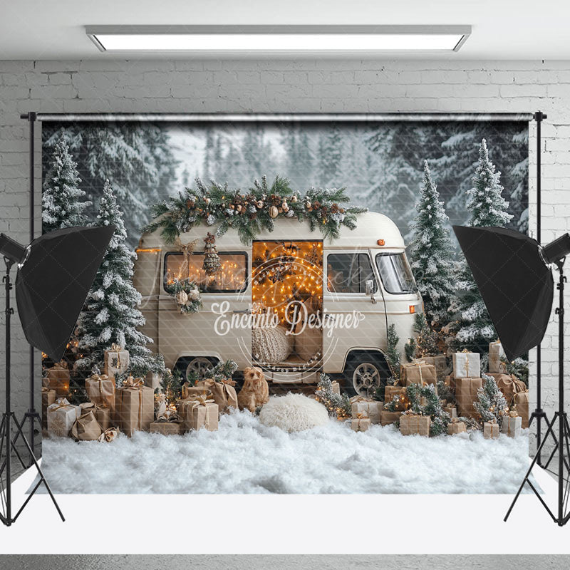 Lofaris White Minibus Snowy Pine Forest Christmas Backdrop