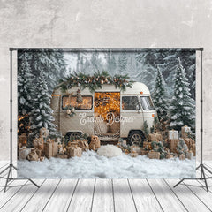 Lofaris White Minibus Snowy Pine Forest Christmas Backdrop