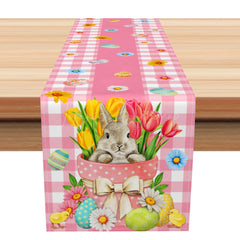 Lofaris White Pink Plaid Egg Bunny Floral Easter Table Runner