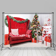 Lofaris White Red Sofa Gifts Xmas Trees Christmas Backdrop