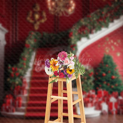 Lofaris White Red Stairs Leaves Gifts Christmas Backdrop