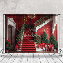 Lofaris White Red Stairs Leaves Gifts Christmas Backdrop