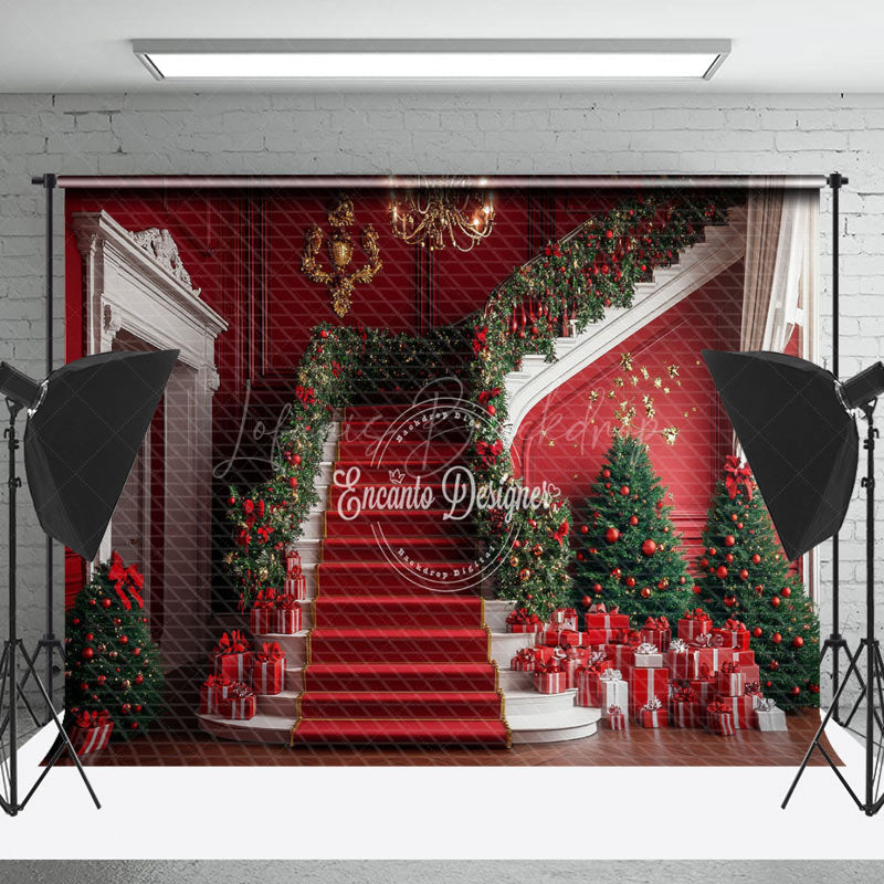 Lofaris White Red Stairs Leaves Gifts Christmas Backdrop