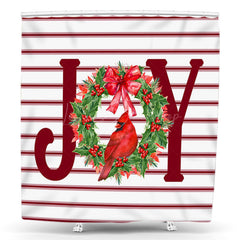 Lofaris White Red Stripe Joy Christmas Wreath Shower Curtain