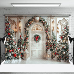 Lofaris White Retro Door Snowy Christmas Tree Decor Backdrop