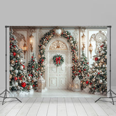 Lofaris White Retro Door Snowy Christmas Tree Decor Backdrop