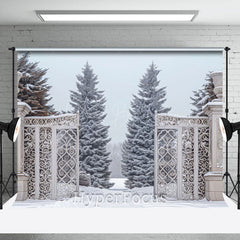 Lofaris White Retro Gate Snowy Forest Winter Photo Backdrop