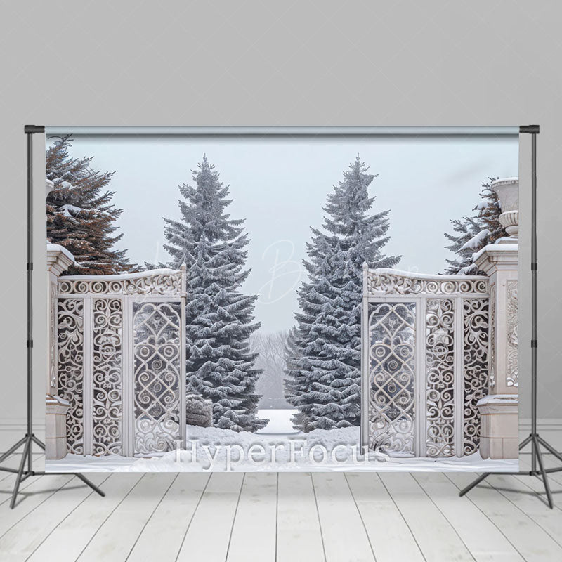 Lofaris White Retro Gate Snowy Forest Winter Photo Backdrop