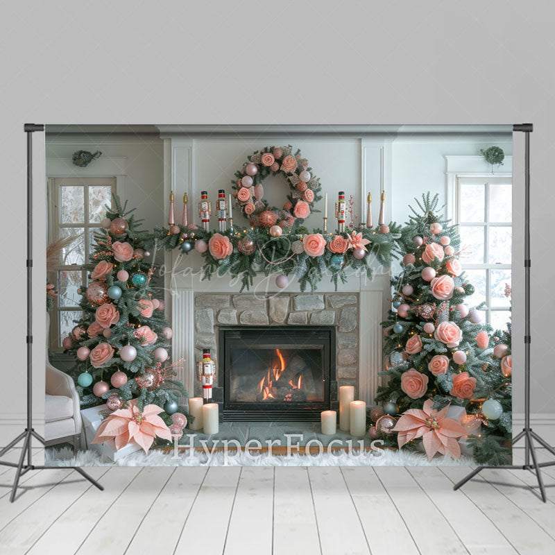 Lofaris White Room Pink Bow Tie Rose Tree Christmas Backdrop