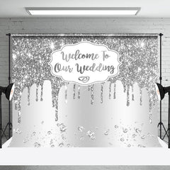 Lofaris White Silver Glitter Welcome To Our Wedding Backdrop