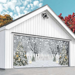 Lofaris White Snow Trees Fence Christmas Garage Door Banner