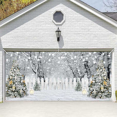 Lofaris White Snow Trees Fence Christmas Garage Door Banner