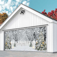 Lofaris White Snow Trees Fence Christmas Garage Door Banner