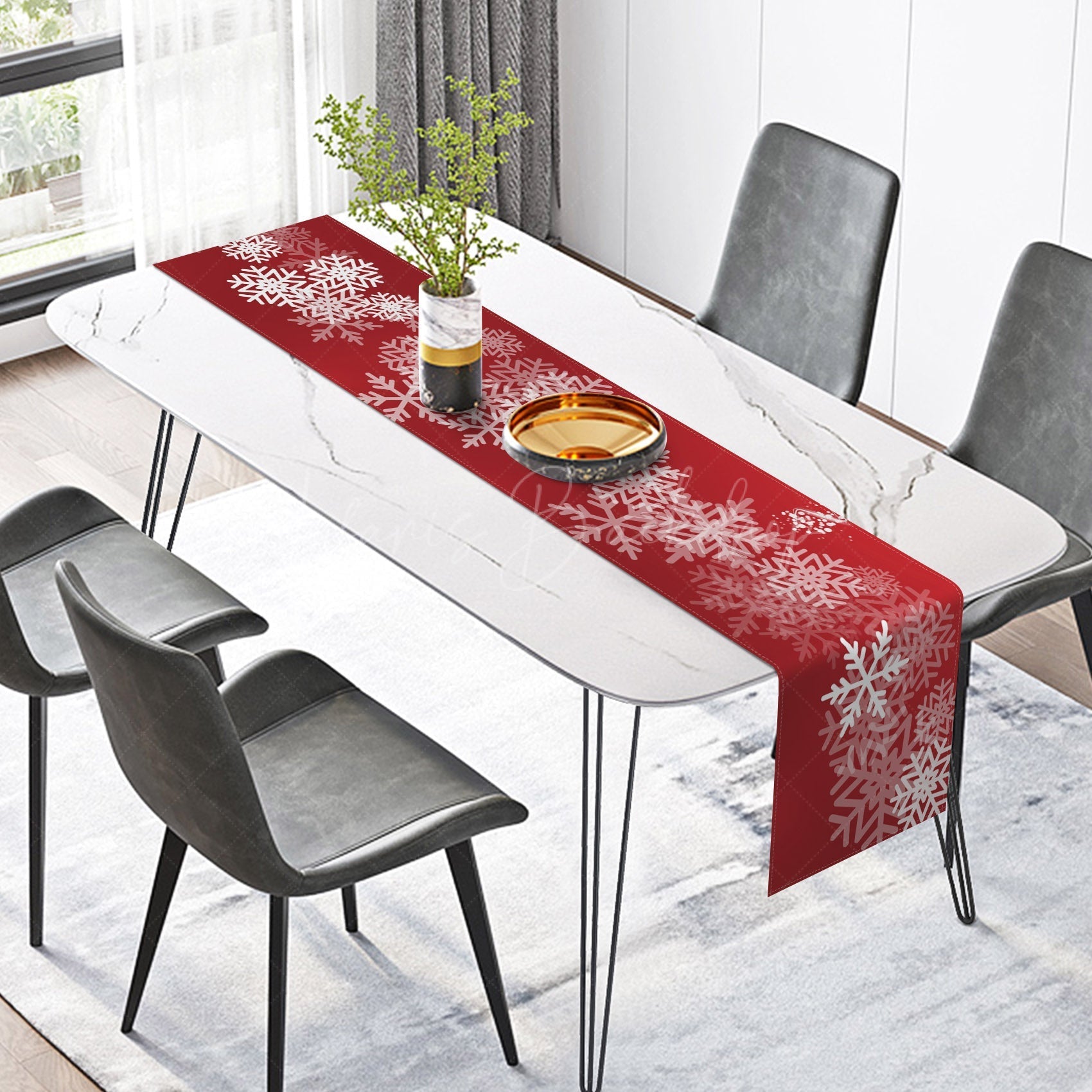 Lofaris White Snowflakes Bokeh Red Christmas Table Runner