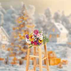 Lofaris White Snowy Field Town Gold Light Christmas Backdrop