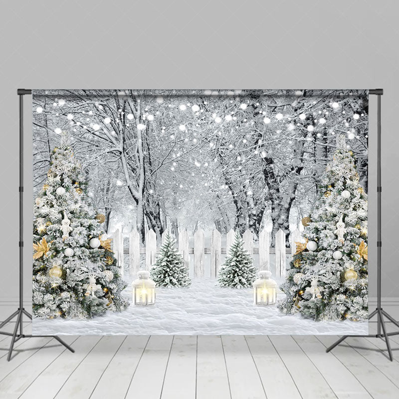 Lofaris White Snowy Forest Scene Fence Xmas Trees Backdrop