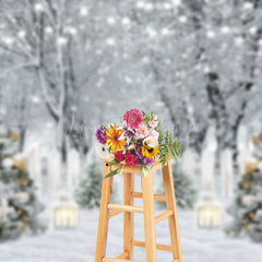 Lofaris White Snowy Forest Scene Fence Xmas Trees Backdrop