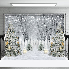 Lofaris White Snowy Forest Scene Fence Xmas Trees Backdrop