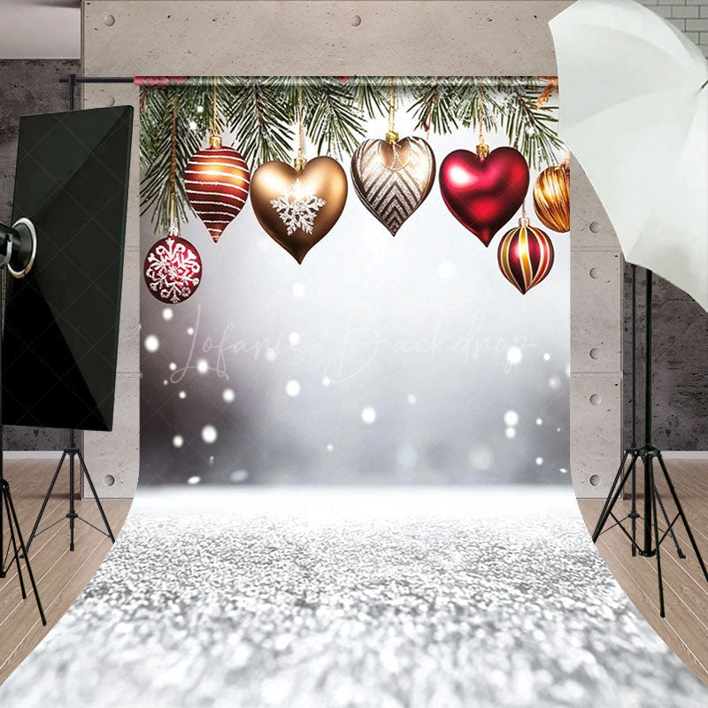 Lofaris White Snowy Heart Bells Pine Leaf Christmas Backdrop