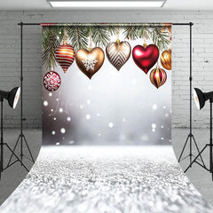 Lofaris White Snowy Heart Bells Pine Leaf Christmas Backdrop