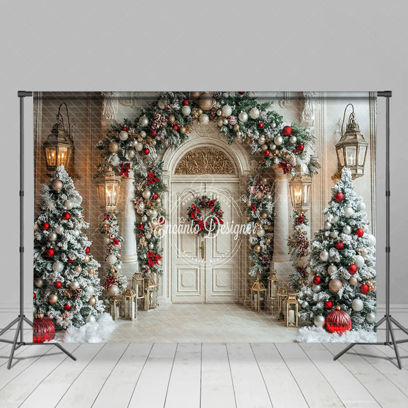 Lofaris White Snowy Luxury Door Christmas Trees Backdrop