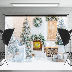 Lofaris White Snowy Room Pine Leaves Christmas Vibe Backdrop