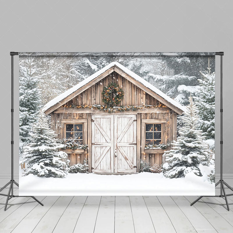 Lofaris White Snowy Wood Barn Forest Scene Christmas Backdrop