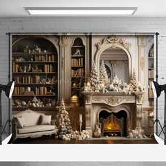 Lofaris White Vintage Bookshelf Fireplace Christmas Backdrop