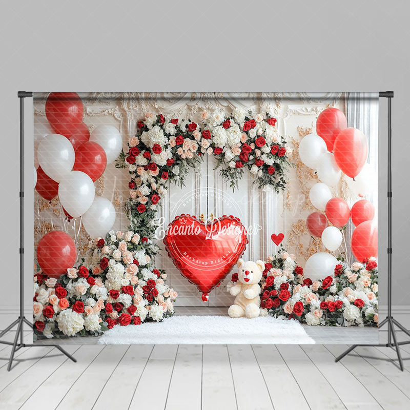 Lofaris White Vintage Wall Floral Balloons Bear Backdrop