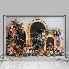 Lofaris White Wall Black Arch Floral Lighted Wedding Backdrop