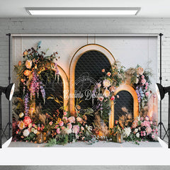 Lofaris White Wall Black Arch Floral Lighted Wedding Backdrop