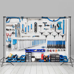 Lofaris White Wall Blue Auto Repair Tools Photo Backdrop