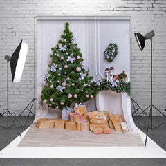 Lofaris White Wall Corner Pine Tree Teddy Bear Xmas Backdrop