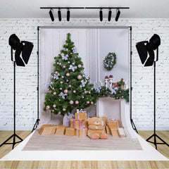 Lofaris White Wall Corner Pine Tree Teddy Bear Xmas Backdrop