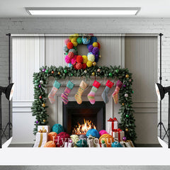 Lofaris White Wall Fireplace Colorful Socks Gifts Backdrop