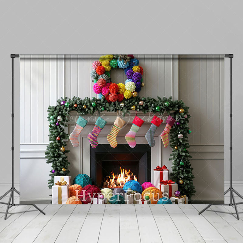 Lofaris White Wall Fireplace Colorful Socks Gifts Backdrop