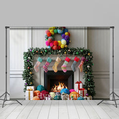 Lofaris White Wall Fireplace Colorful Socks Gifts Backdrop