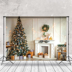 Lofaris White Wall Fireplace Pine Tree Christmas Backdrop