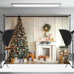 Lofaris White Wall Fireplace Pine Tree Christmas Backdrop