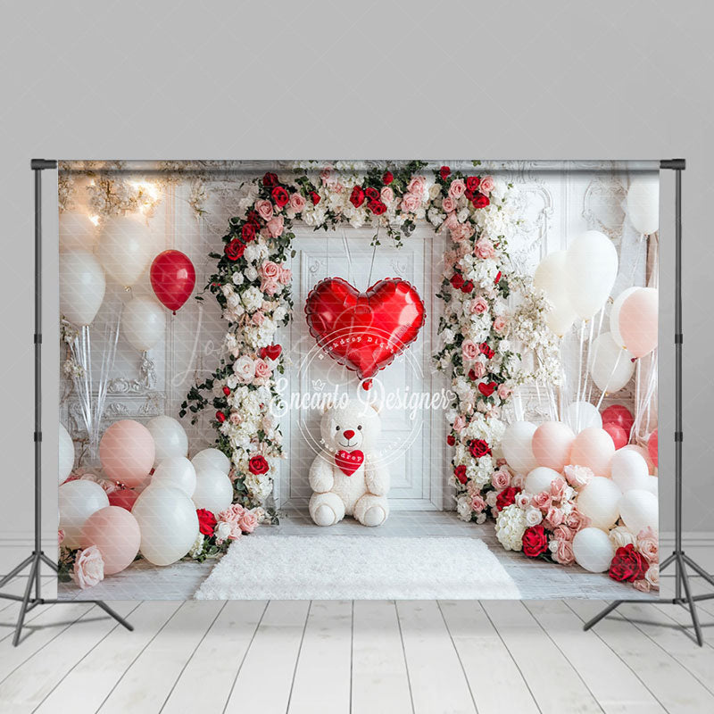 Lofaris White Wall Floral Arch Bear Balloon Romantic Backdrop