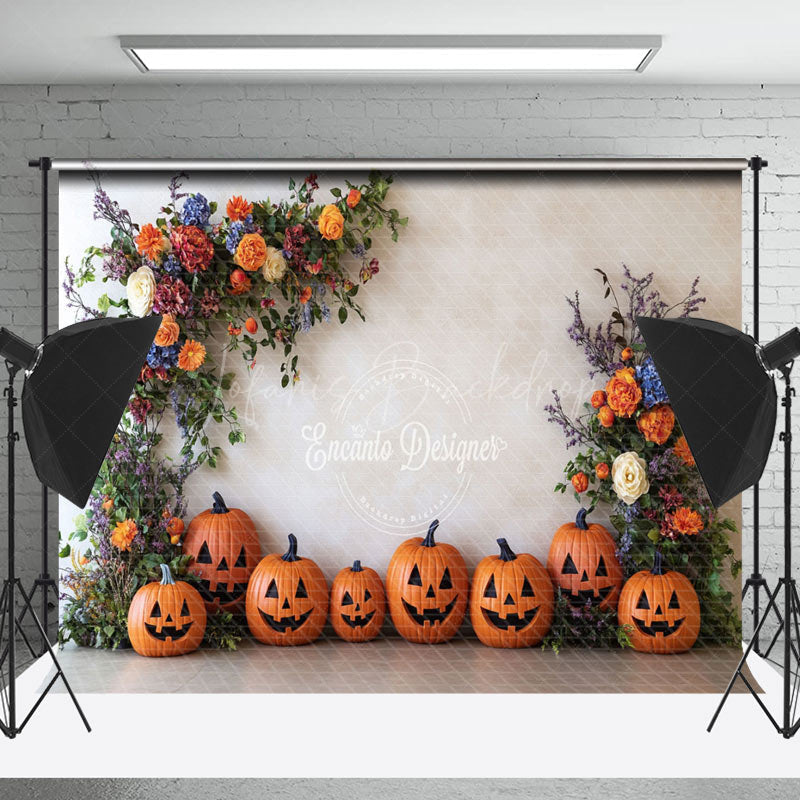 Lofaris White Wall Floral Pumpkins Halloween Photo Backdrop