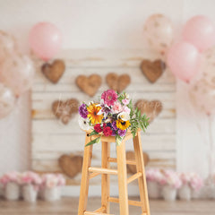 Lofaris White Wall Pink Balloons Wood Heart Floral Backdrop