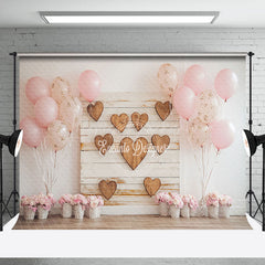 Lofaris White Wall Pink Balloons Wood Heart Floral Backdrop