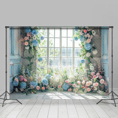 Lofaris White Window Blue Pink Floral Room Set Backdrop